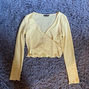 Surplice Neck Lettuce Trim Waffle Knit Top
